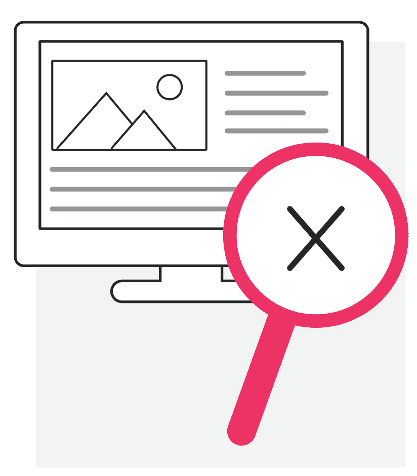 Illustration showing a website design with a magnifying glass and a red cross indicating an error or problem.
