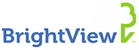 Logo of BrightView with blue text and a green icon resembling a tree or leaf.