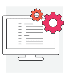 Illustration of a computer monitor with gears, representing software development and customization.