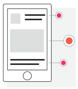 Illustration of a mobile device with highlighted areas, showing elements of content design on a mobile interface.