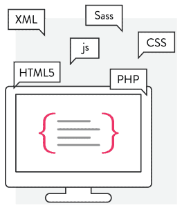 Graphic showing a computer screen with code and various programming languages such as HTML5, XML, PHP, Sass, CSS, and JavaScript in speech bubbles.