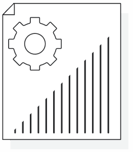 Icon of a document with a gear symbol and a bar graph on the page.