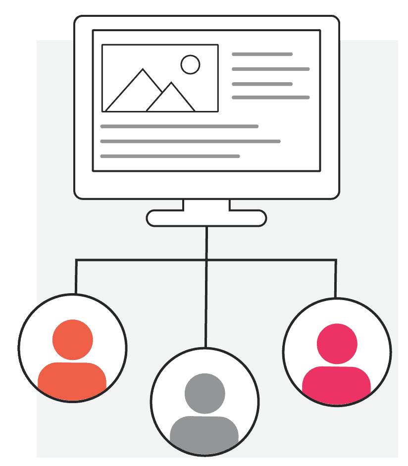 Simple graphic illustration showing an organizational structure with a computer at the top and three connected personas below, symbolizing a holistic approach to customer engagement.