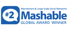 Logo for Mashable Global Award Winner, showing '#2' for mainstream and large-scale social networks.