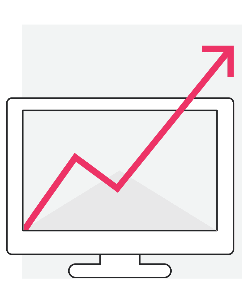 Graphic of a computer screen displaying an upward trending red arrow, symbolizing growth in ROI.