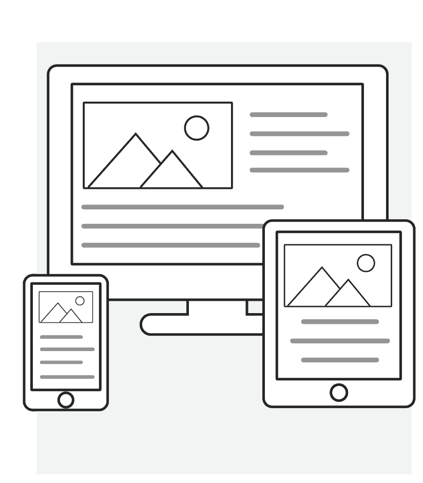 Outline illustration of a responsive website displayed on a desktop, tablet, and smartphone.