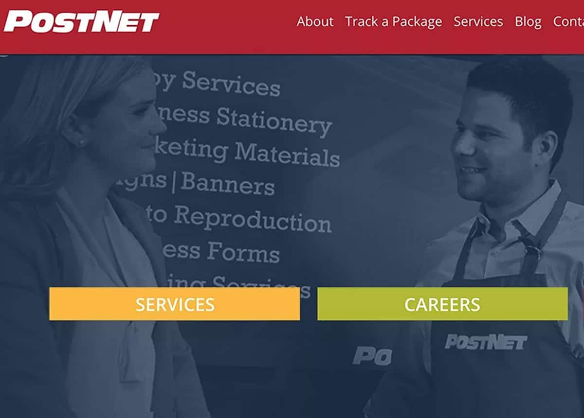 Screenshot of PostNet website highlighting services and career opportunities with two call-to-action buttons.