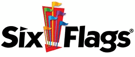 Logo of Six Flags amusement park with colorful flags.