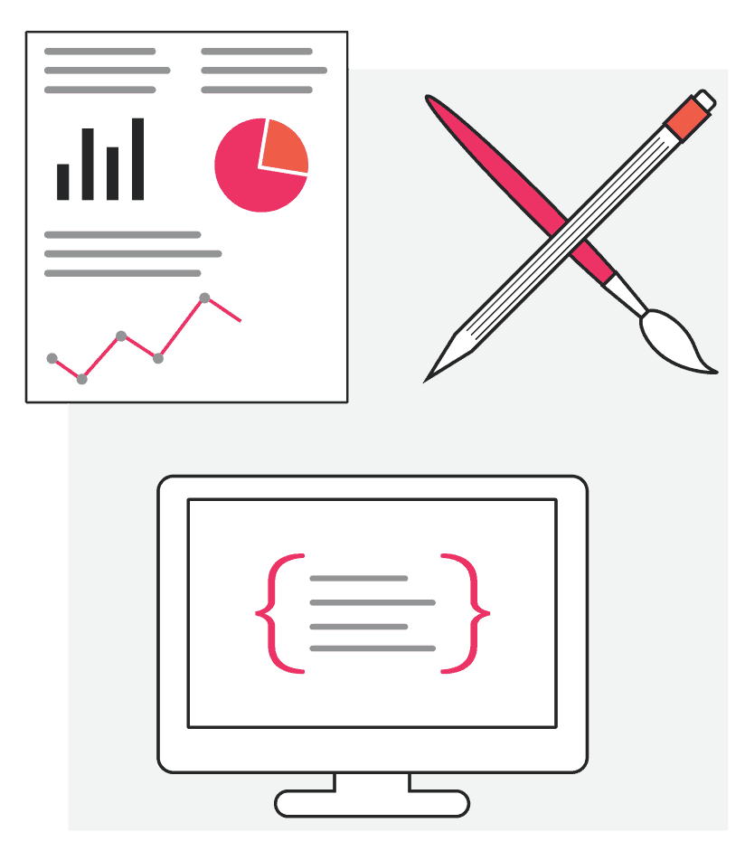 Illustration of a document with charts, a pencil and paintbrush, and a computer screen with coding brackets.