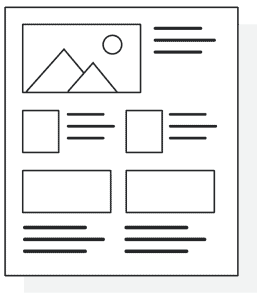 Wireframe showing a basic website layout with sections for images, text, and content blocks.